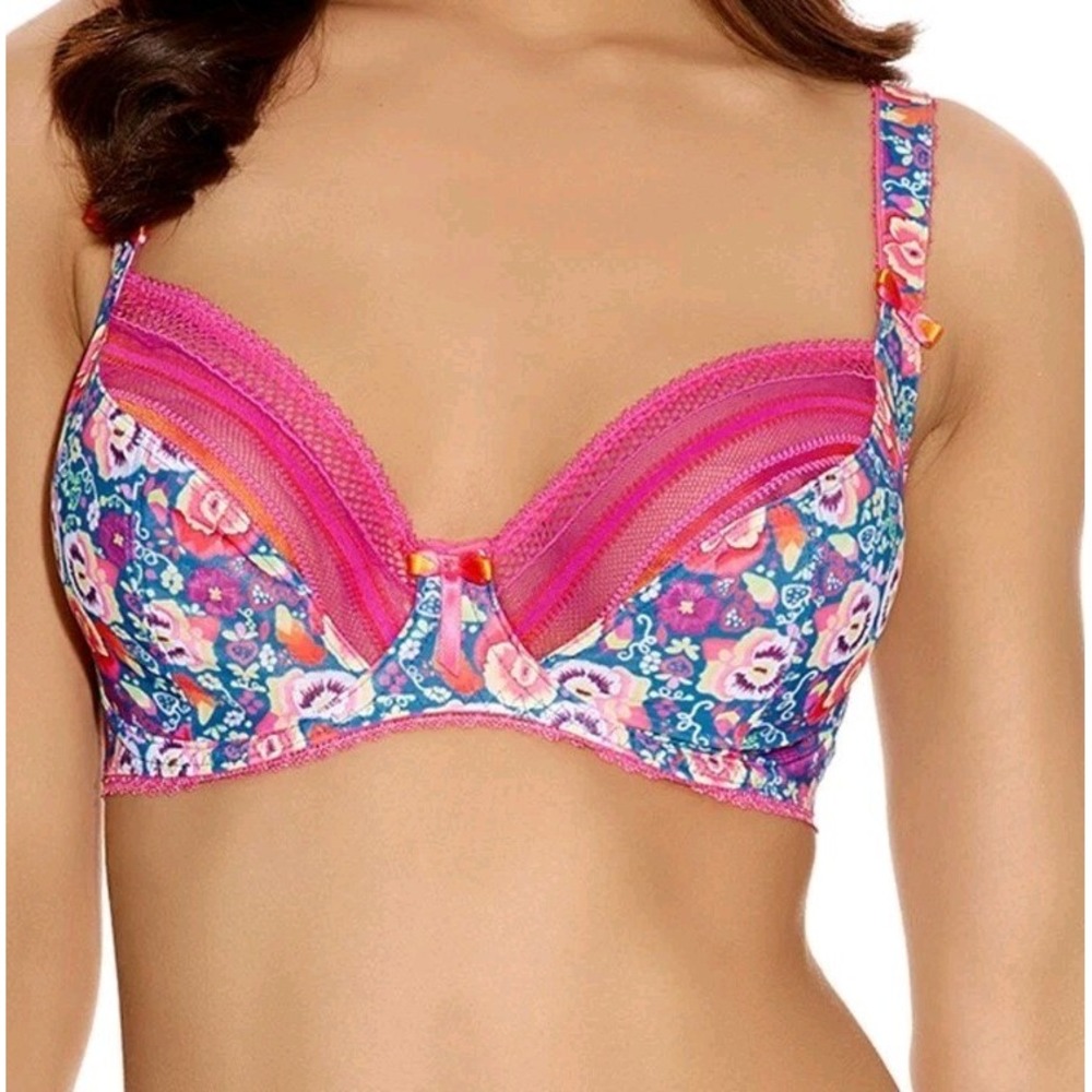 Freya Parade Underwire Balcony Plunge Bra Womens 28H Pink Multicolor Floral